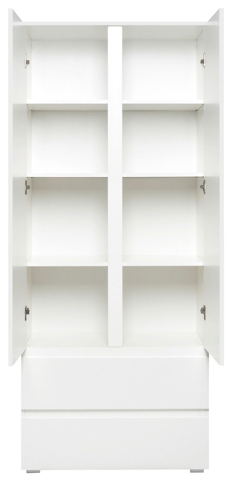 Weißer Mehrzweckschrank mit offenen Türen, drei Regalböden und zwei Schubladen, Frontalansicht.