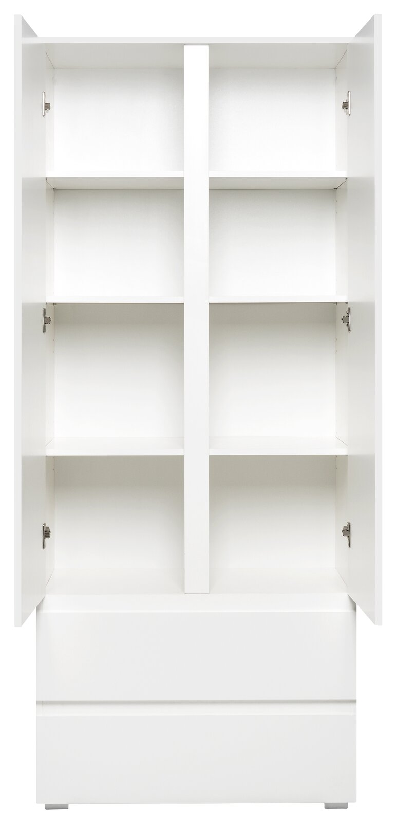 Z2 Mehrzweckschrank IMAGE Weißer Mehrzweckschrank mit offenen Türen, drei Regalböden und zwei Schubladen, Frontalansicht.