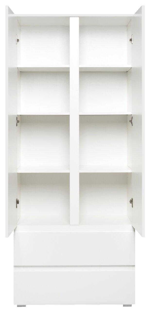 Weißer Mehrzweckschrank mit offenen Türen, drei Regalböden und zwei Schubladen, Frontalansicht.