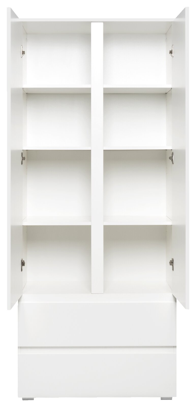 Weißer Mehrzweckschrank mit offenen Türen, drei Regalböden und zwei Schubladen, Frontalansicht.