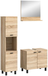 Badkombination aus Holzoptik mit Spiegelschrank, hohem Schrank und Unterschrank, frontal betrachtet