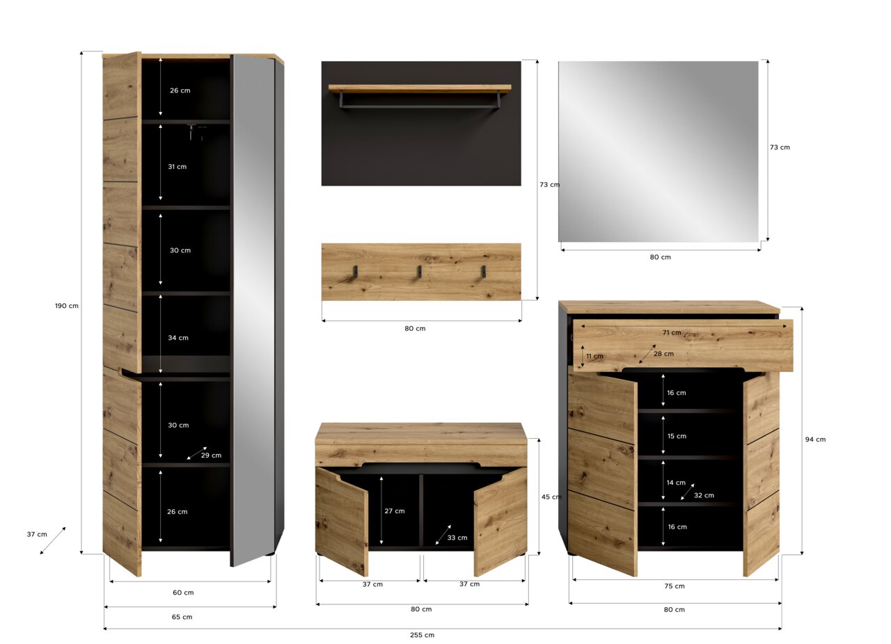 Garderobenkombination in Holzoptik mit mehreren Elementen: hoher Schrank mit Spiegel, Wandregal, Hakenleiste, Spiegel, Schuhschrank und Sitzbank. Frontansicht.
