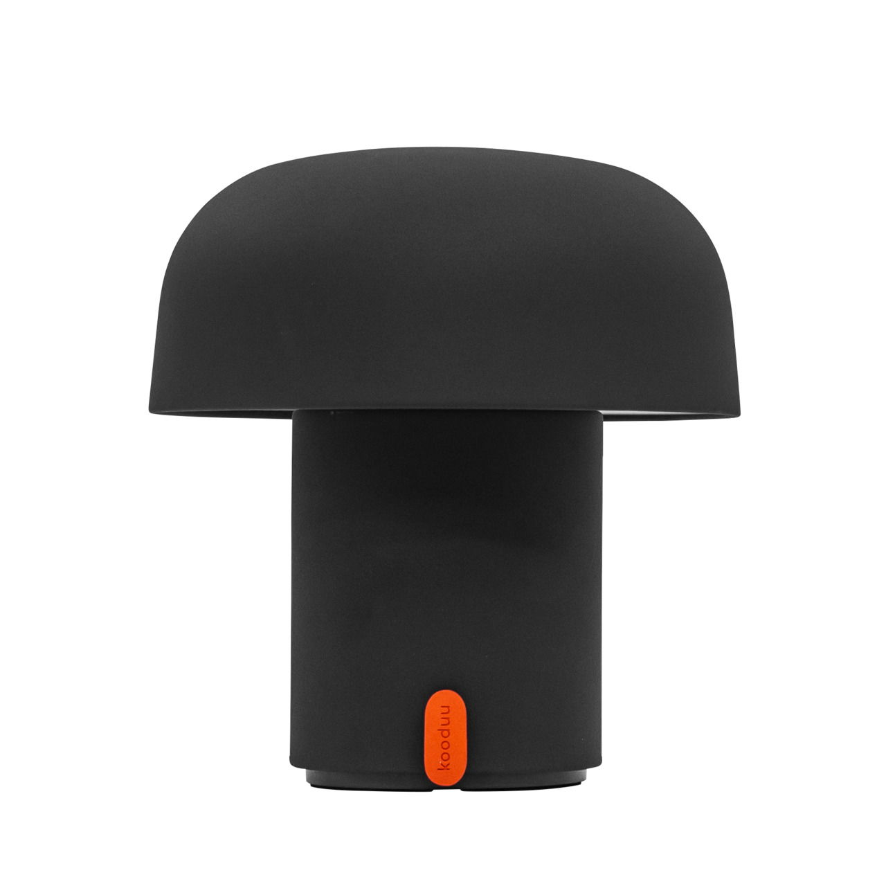 Schwarze Akku-Tischleuchte mit integriertem JBL-Speaker, frontal abgebildet. Kompaktes, modernes Design mit abgerundeter Form.