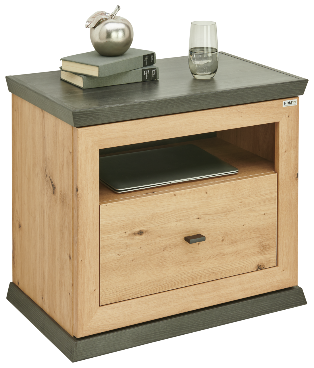 Hom´in Nachtkommode BENTON Nachtkommode aus Holz mit dunkler Tischplatte, Schublade und offenem Fach, seitliche Perspektive