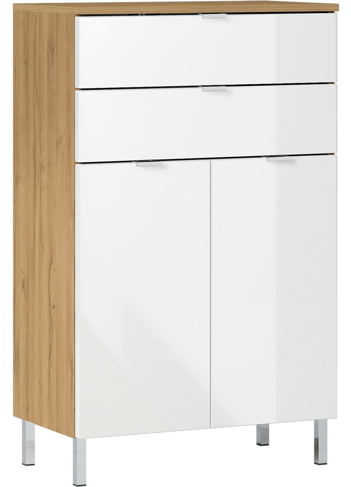 MID.YOU Kommode MAURESA Moderne Kommode mit Holzoptik und weißen Fronten, seitliche Perspektive