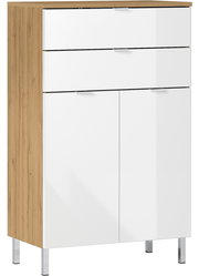 Moderne Kommode mit Holzoptik und weißen Fronten, seitliche Perspektive