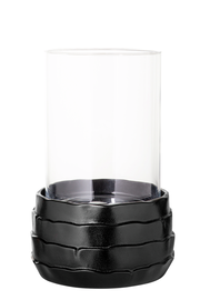 Windlicht aus Glas und Keramik, frontal fotografiert, mit einem schwarzen, strukturierten Keramiksockel und einem klaren Glaszylinder.