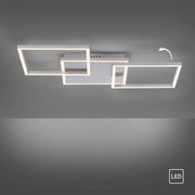 Moderne weiße LED-Deckenleuchte mit drei überlappenden rechteckigen Lichtrahmen, Ansicht von unten an der Decke montiert