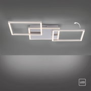 Moderne weiße LED-Deckenleuchte mit drei überlappenden rechteckigen Lichtrahmen, Ansicht von unten an der Decke montiert