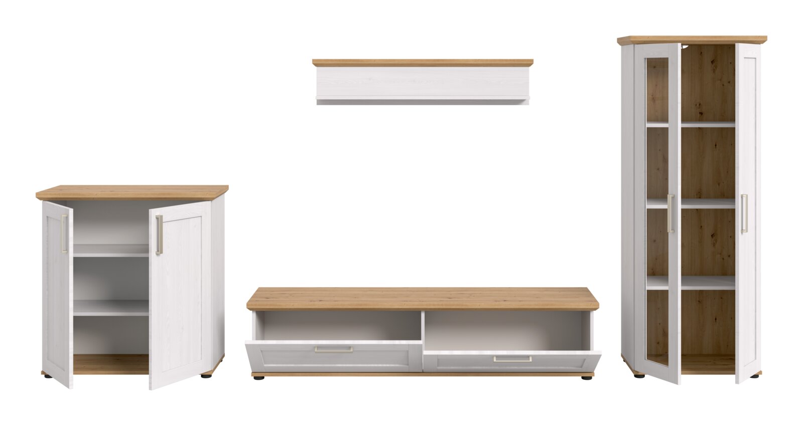 Wohnkombination in heller Holzoptik mit mehreren Schränken und Regalen, frontal betrachtet.