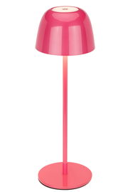 Moderne pinke Akku-Tischleuchte mit rundem Schirm und schlankem Standfuß, seitliche Ansicht