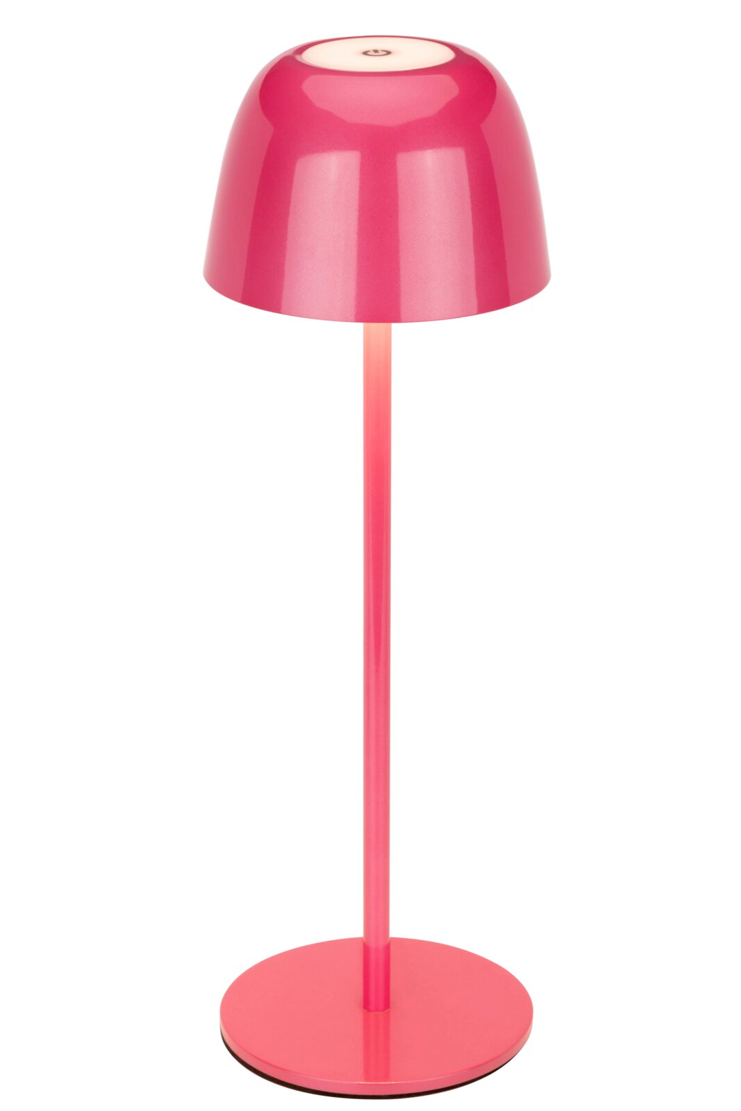 Moderne roze accu-tafellamp met ronde kap en slanke voet, zijaanzicht