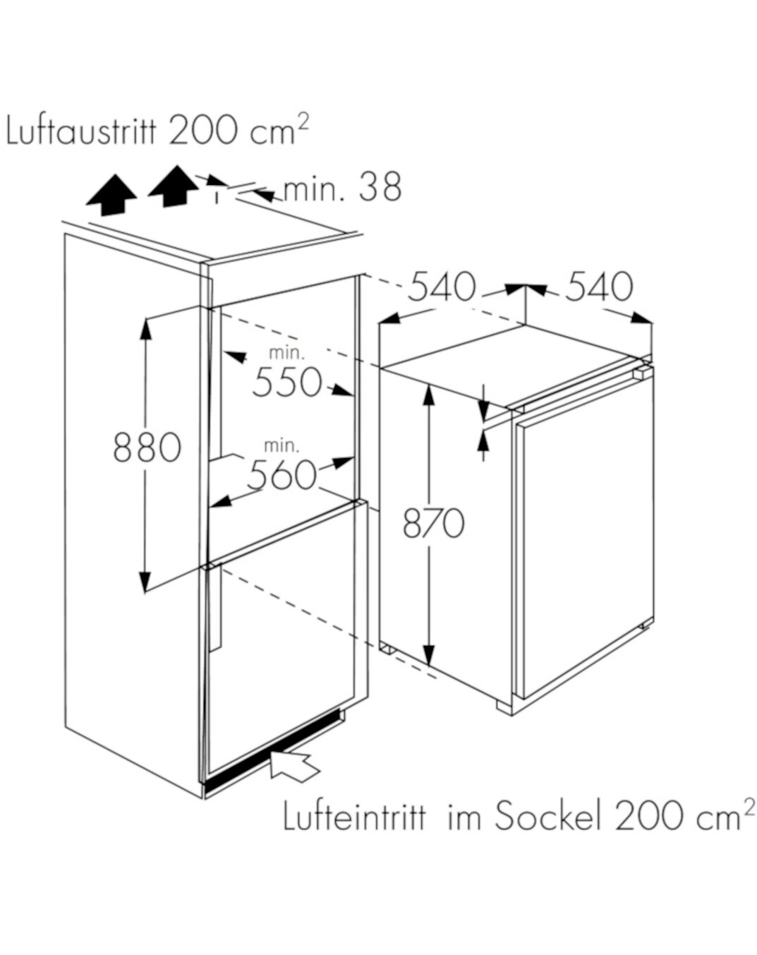 Technische Installationszeichnung eines integrierbaren Unterbau-Kühlschranks mit Einbaumaßen und Luftführung (Vorderansicht und Seitenperspektive): Nische ca. 880 mm, Gerät 540×540×870 mm, Mindesttiefe 550/560 mm, Luftaustritt oben 200 cm² und Lufteintrit