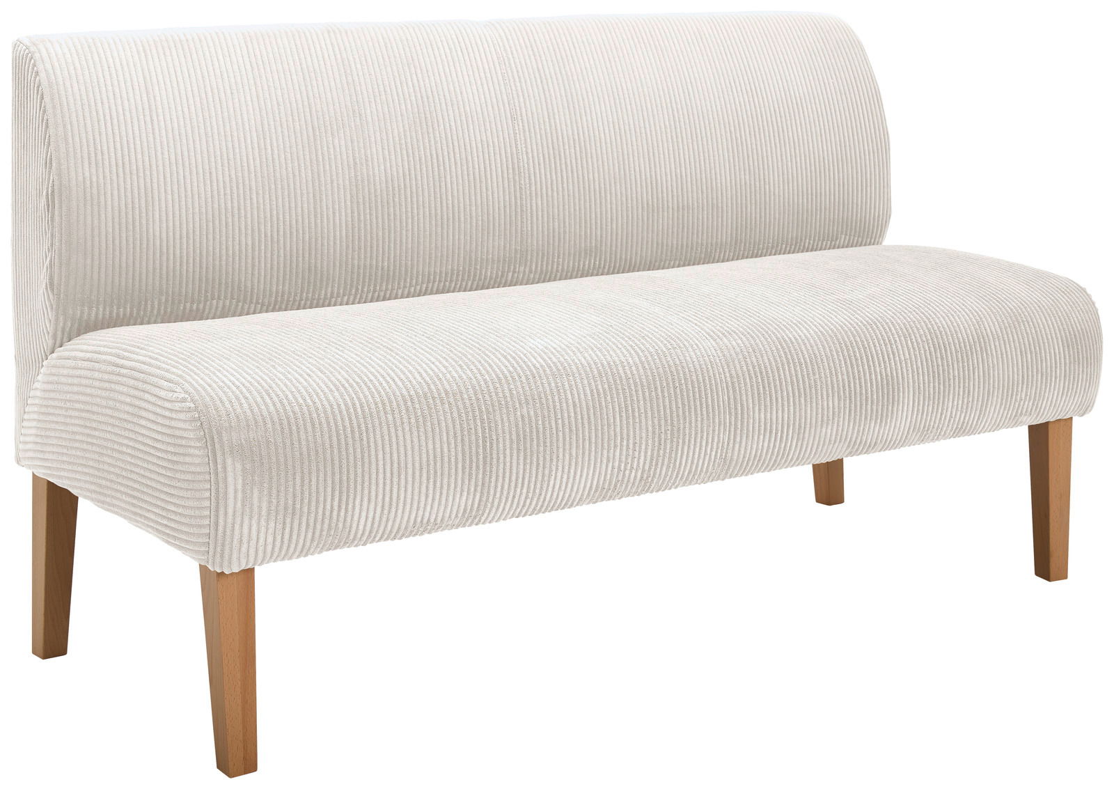 Beige Sitzbank mit Holzbeinen, seitliche Perspektive