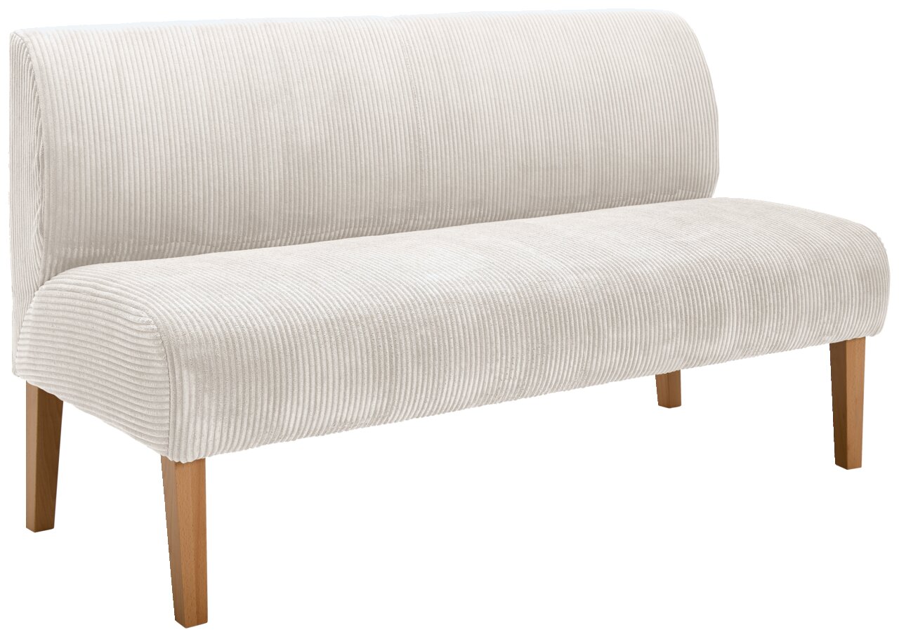 Beige Sitzbank mit Holzbeinen, seitliche Perspektive