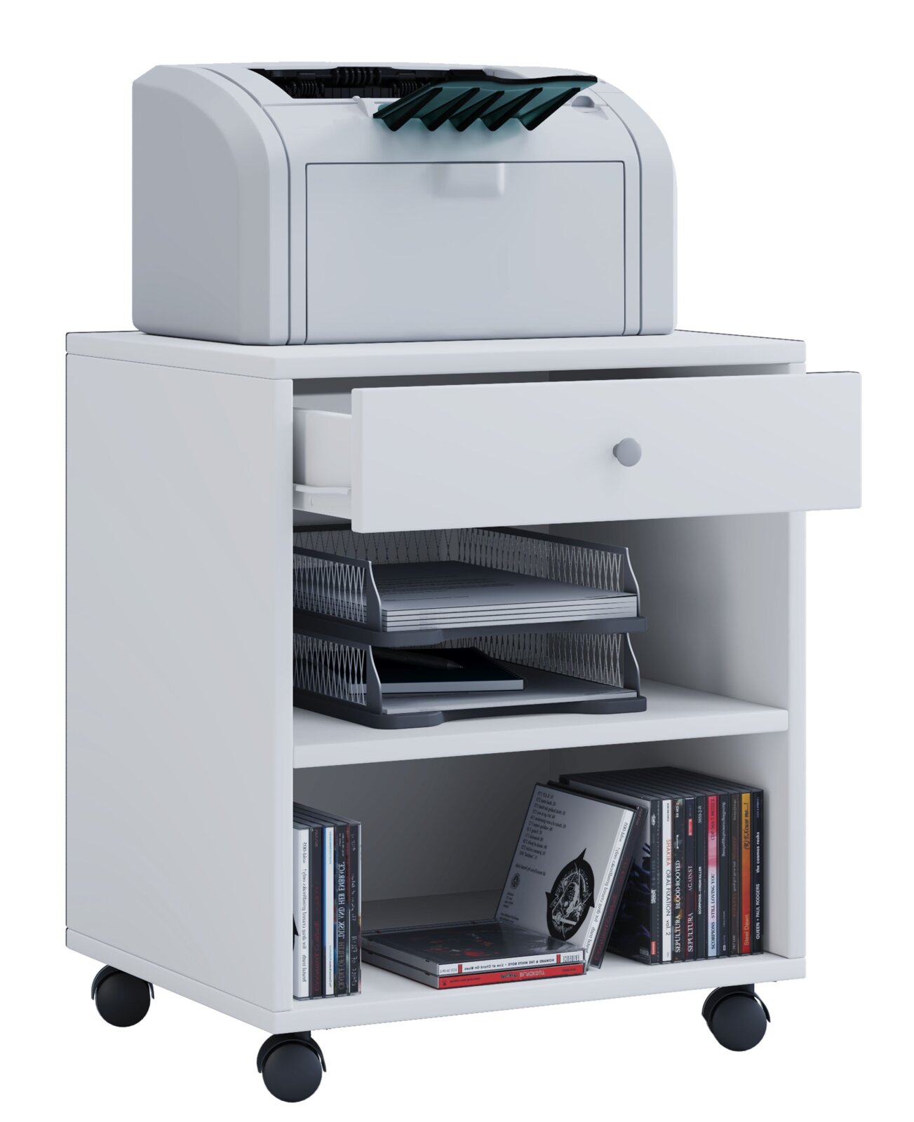 Weißer rollbarer Büro-Organizer/Beistellwagen mit Schublade, Ablagen und CDs, oben ein Drucker; Ansicht schräg von vorn.