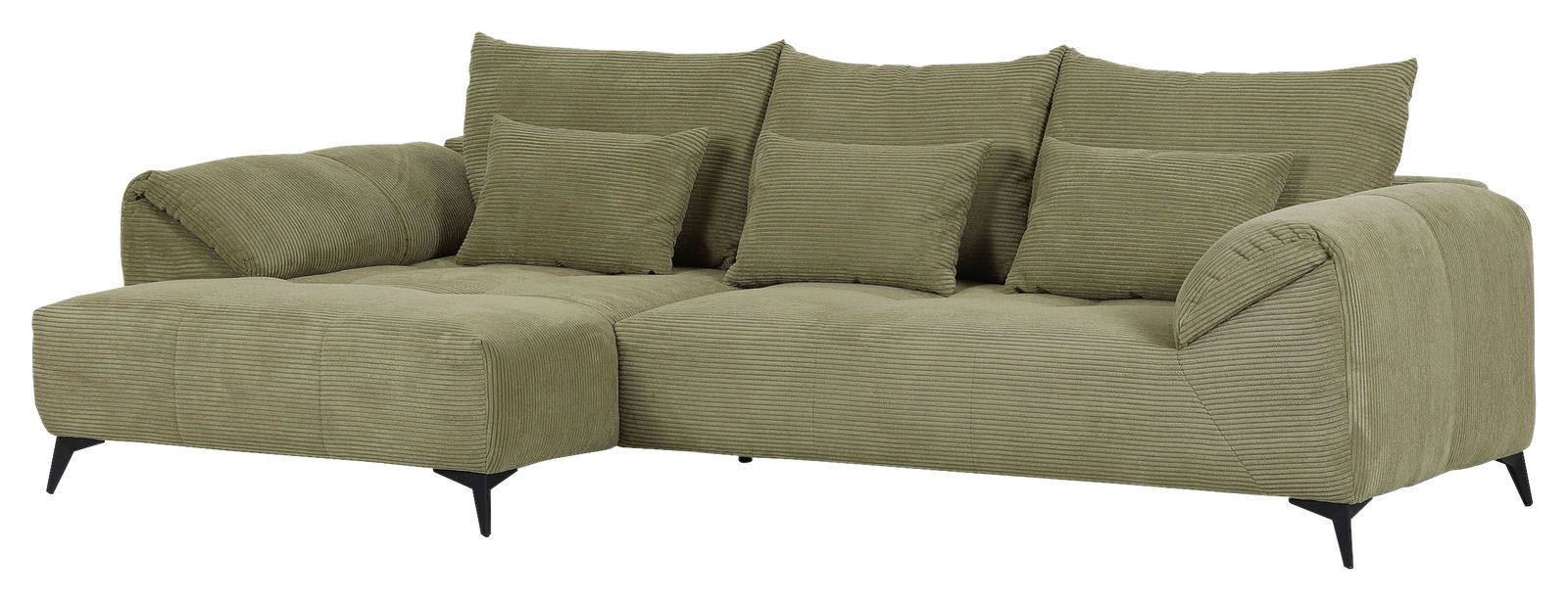 Grünes Ecksofa mit Ottomane links, aus geripptem Stoff, mit mehreren Kissen, Perspektive von vorne links