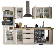 Küchenblock 280 mit geöffneter Perspektive, zeigt Schränke, Kühlschrank, Backofen, Geschirrspüler und Spüle.