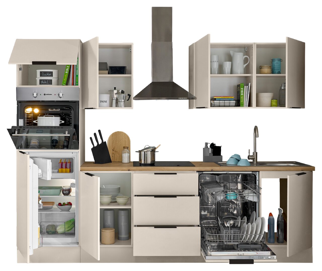 Küchenblock 280 mit geöffneter Perspektive, zeigt Schränke, Kühlschrank, Backofen, Geschirrspüler und Spüle.