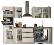 Küchenblock 280 mit geöffneter Perspektive, zeigt Schränke, Kühlschrank, Backofen, Geschirrspüler und Spüle.