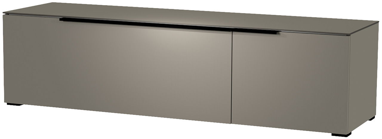 Modernes TV-Lowboard der Serie BORMIO in grauer Farbe, seitliche Perspektive
