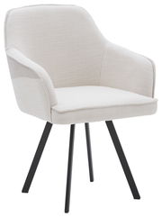 Moderner Stuhl mit beigem Stoffbezug und schwarzen Metallbeinen, seitliche Perspektive