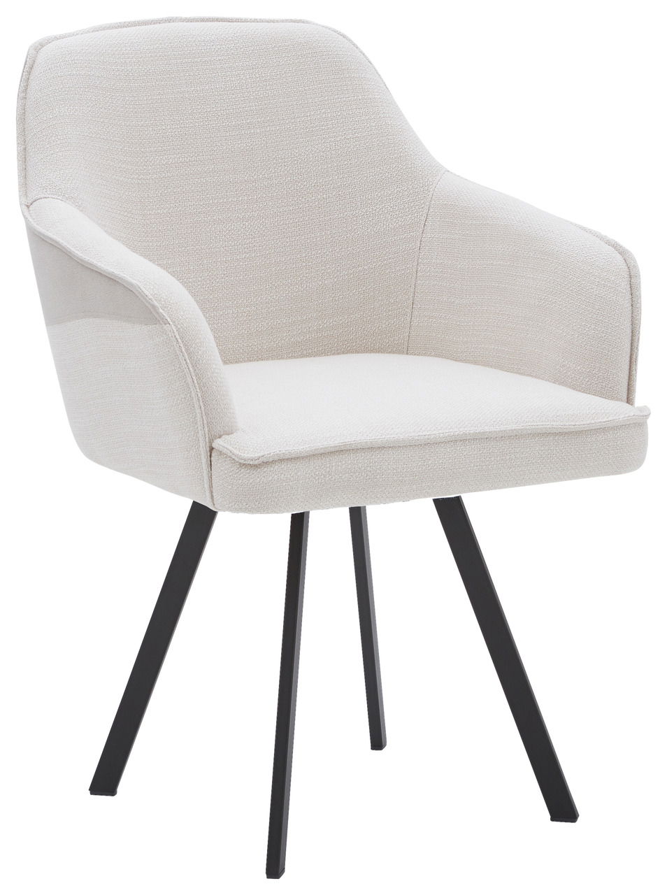Moderner Stuhl mit beigem Stoffbezug und schwarzen Metallbeinen, seitliche Perspektive
