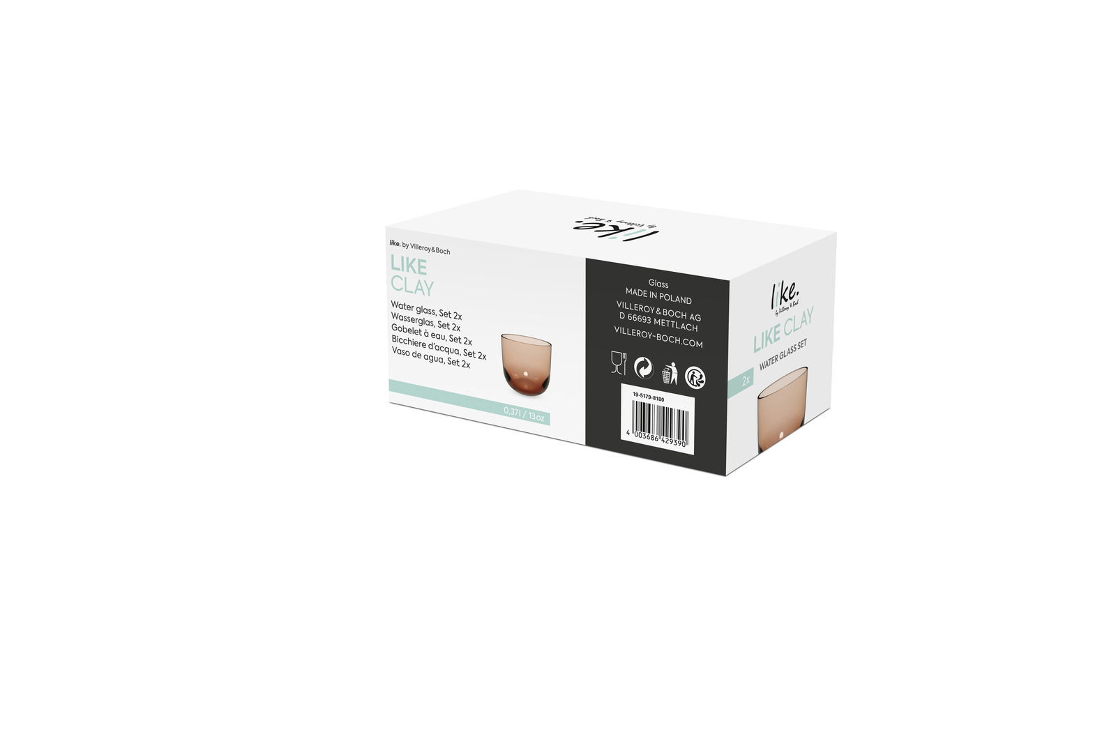 Verpackung des Wasserglas Sets, 2-teilig, von schräg oben fotografiert.