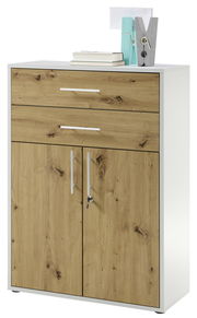 Aktenschrank niedrig mit Holzoptik, zwei Türen und einer Schublade, Frontalansicht