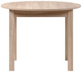 Runder Esstisch aus Holz in heller Eichenoptik, frontal betrachtet