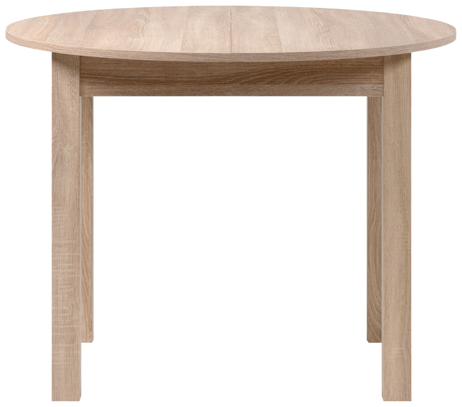 Runder Esstisch aus Holz in heller Eichenoptik, frontal betrachtet