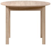 Runder Esstisch aus Holz in heller Eichenoptik, frontal betrachtet