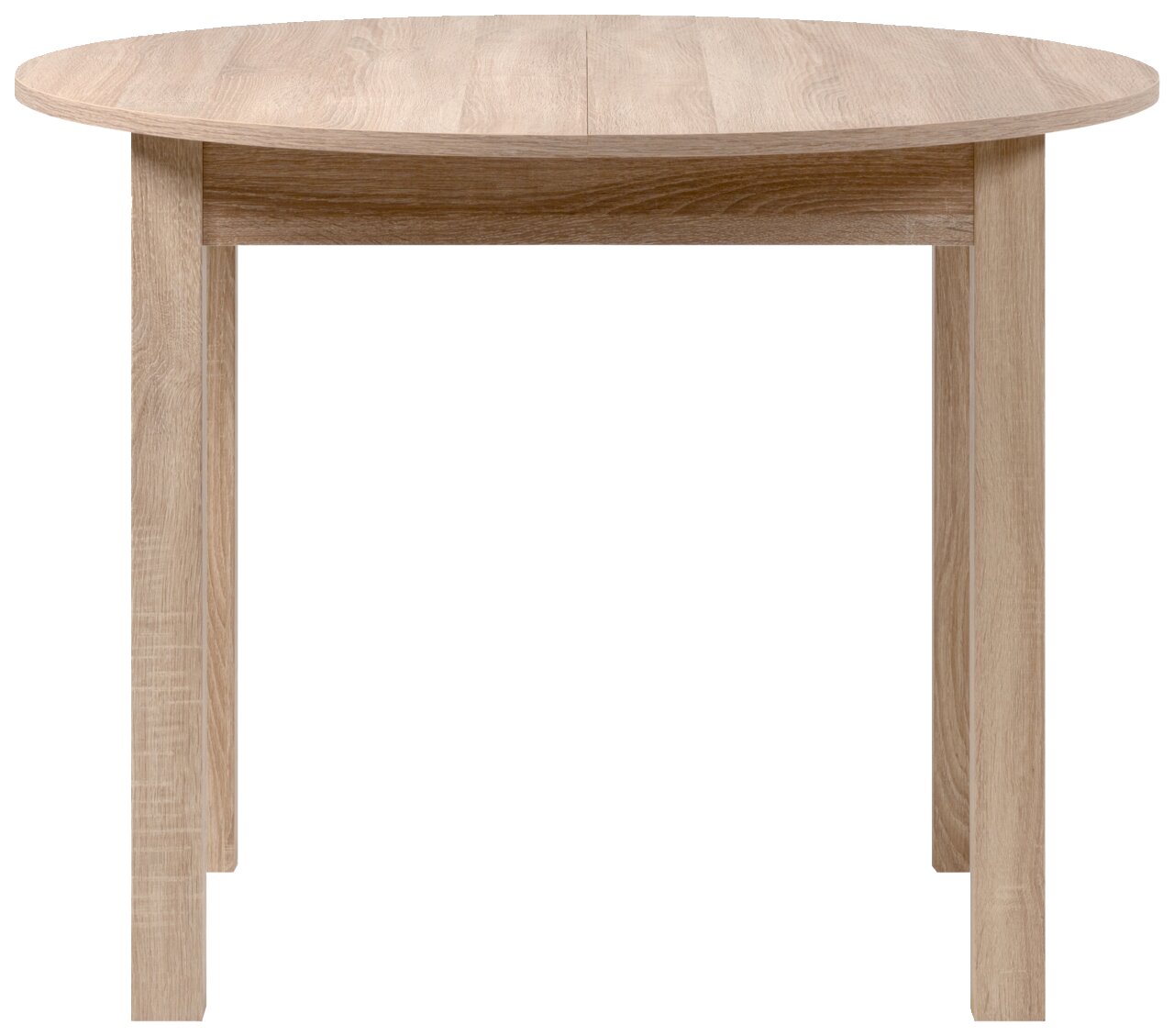 Runder Esstisch aus Holz in heller Eichenoptik, frontal betrachtet