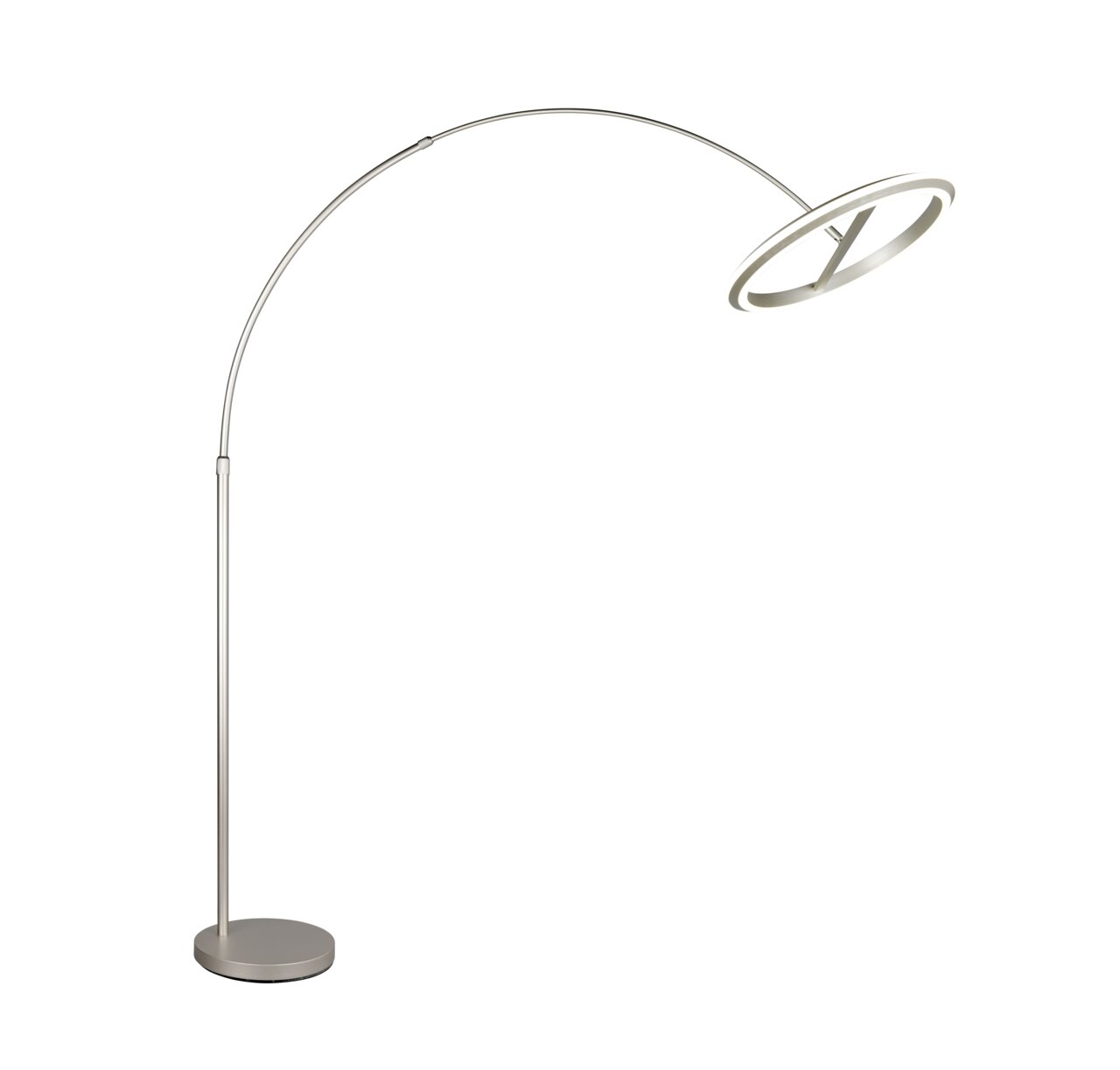 Moderne LED-Bogenleuchte in seitlicher Perspektive mit elegantem, gebogenem Design und rundem Lampenschirm.