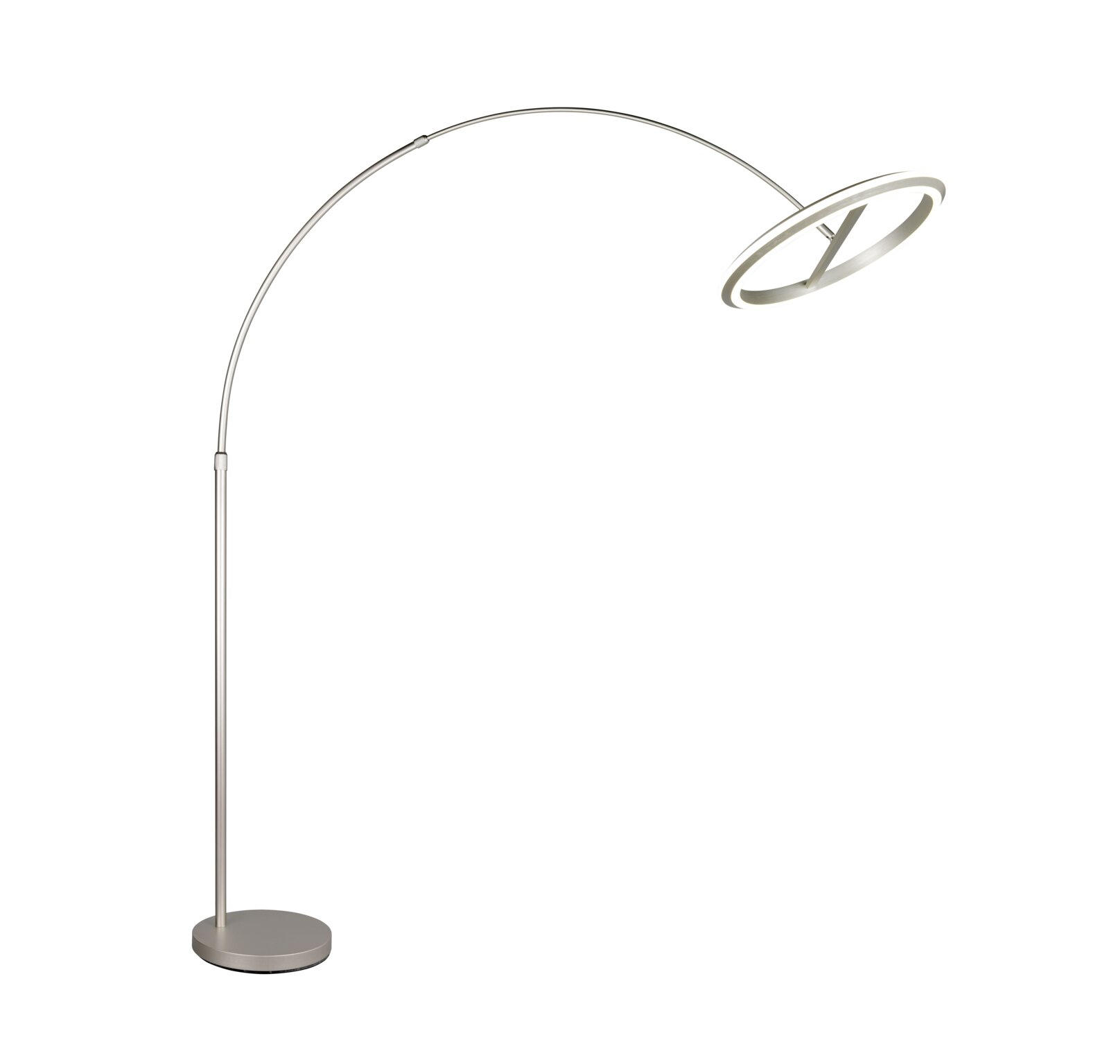 Moderne LED-Bogenleuchte in seitlicher Perspektive mit elegantem, gebogenem Design und rundem Lampenschirm.