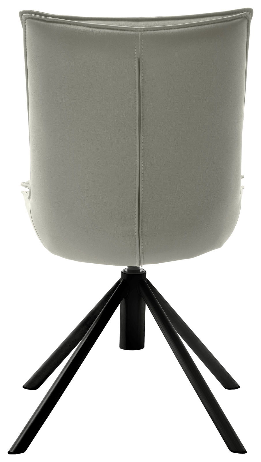 Rückansicht eines modernen Stuhls mit schwarzem Metallgestell und grauer Polsterung.