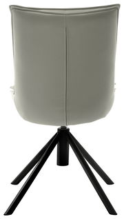 Rückansicht eines modernen Stuhls mit schwarzem Metallgestell und grauer Polsterung.