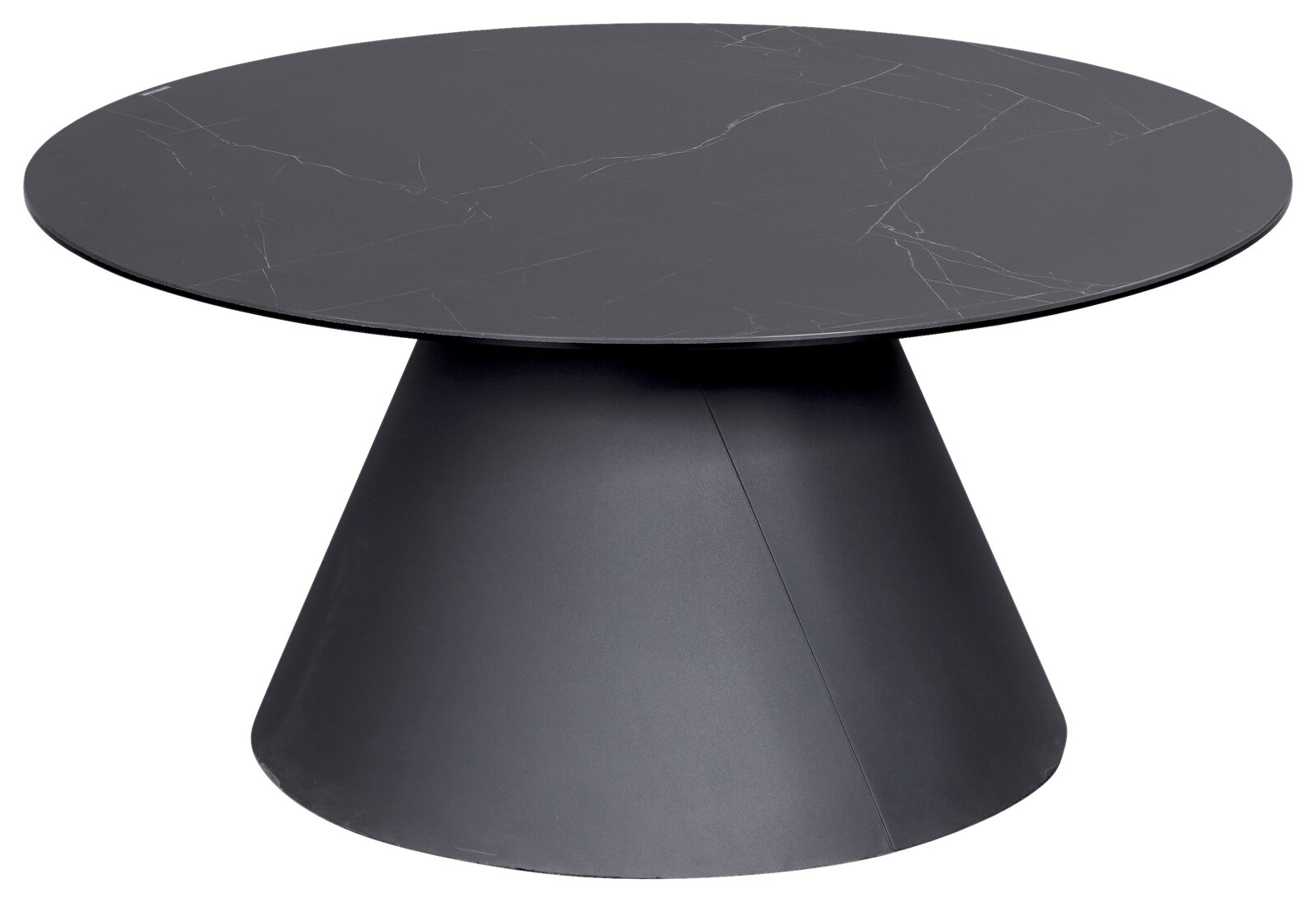 Moderner runder Couchtisch in dunklem Design mit konischer Basis, seitliche Perspektive