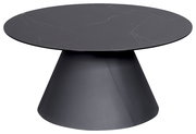 Moderner runder Couchtisch in dunklem Design mit konischer Basis, seitliche Perspektive