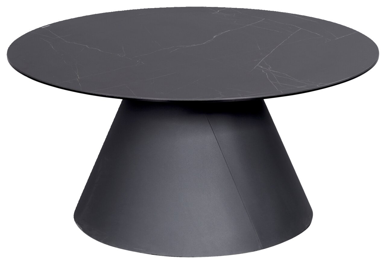 Moderner runder Couchtisch in dunklem Design mit konischer Basis, seitliche Perspektive