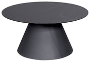 Moderner runder Couchtisch in dunklem Design mit konischer Basis, seitliche Perspektive
