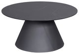 Moderner runder Couchtisch in dunklem Design mit konischer Basis, seitliche Perspektive