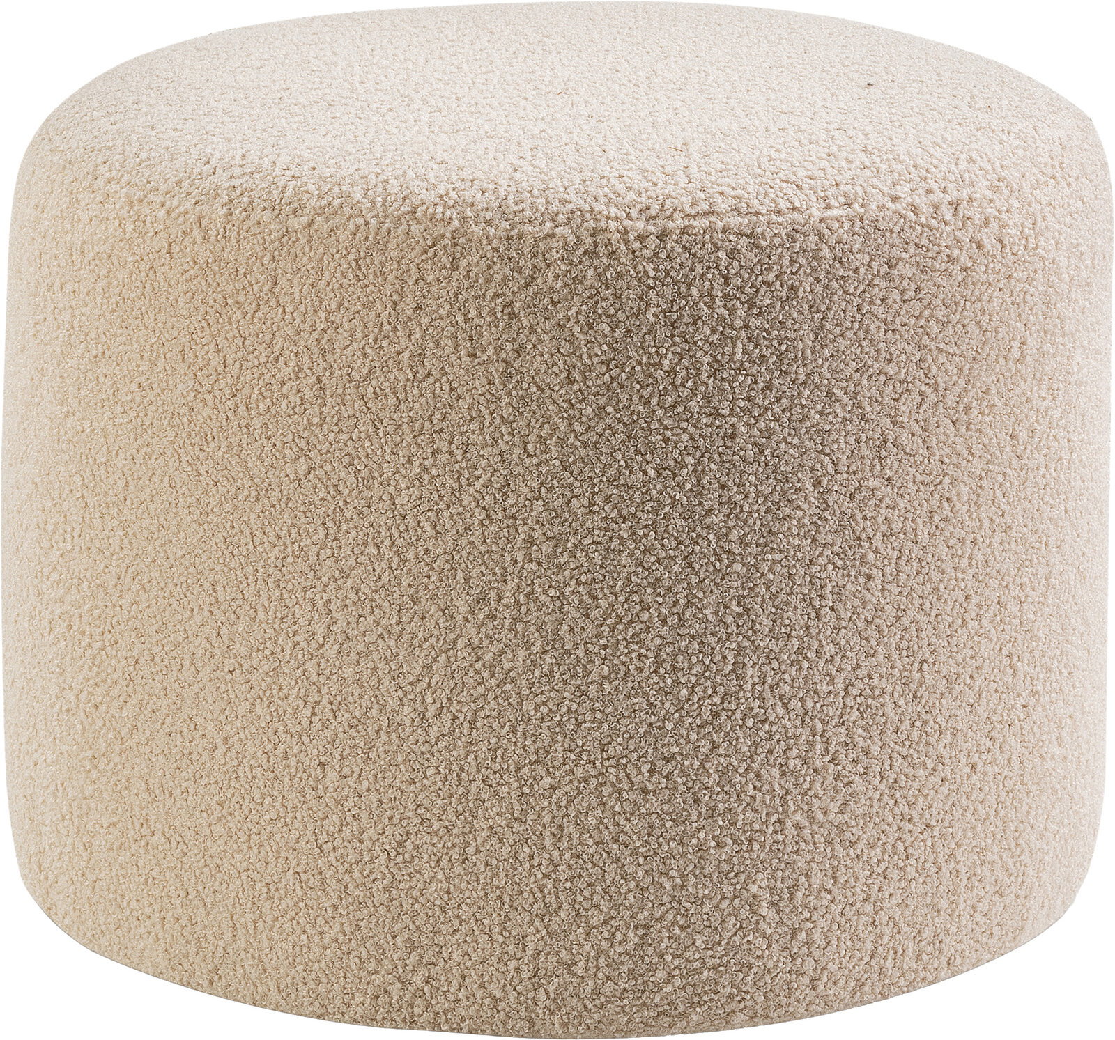 MID.YOU Kleine kruk KOLO Beiger, zylindrischer Pouf/Hocker mit weichem Bouclé-Bezug, freigestellt auf weißem Hintergrund, Frontansicht leicht von oben.