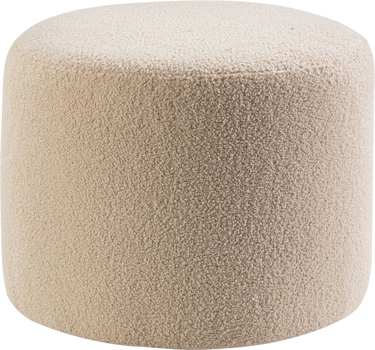 MID.YOU Hocker klein KOLO Beiger, zylindrischer Pouf/Hocker mit weichem Bouclé-Bezug, freigestellt auf weißem Hintergrund, Frontansicht leicht von oben.