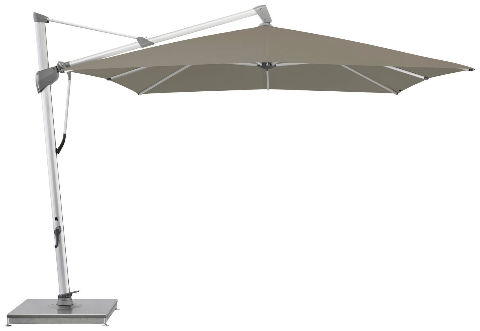 Großer Ampelschirm in seitlicher Perspektive mit stabilem Standfuß und verstellbarem Arm, ideal für den Garten oder die Terrasse.