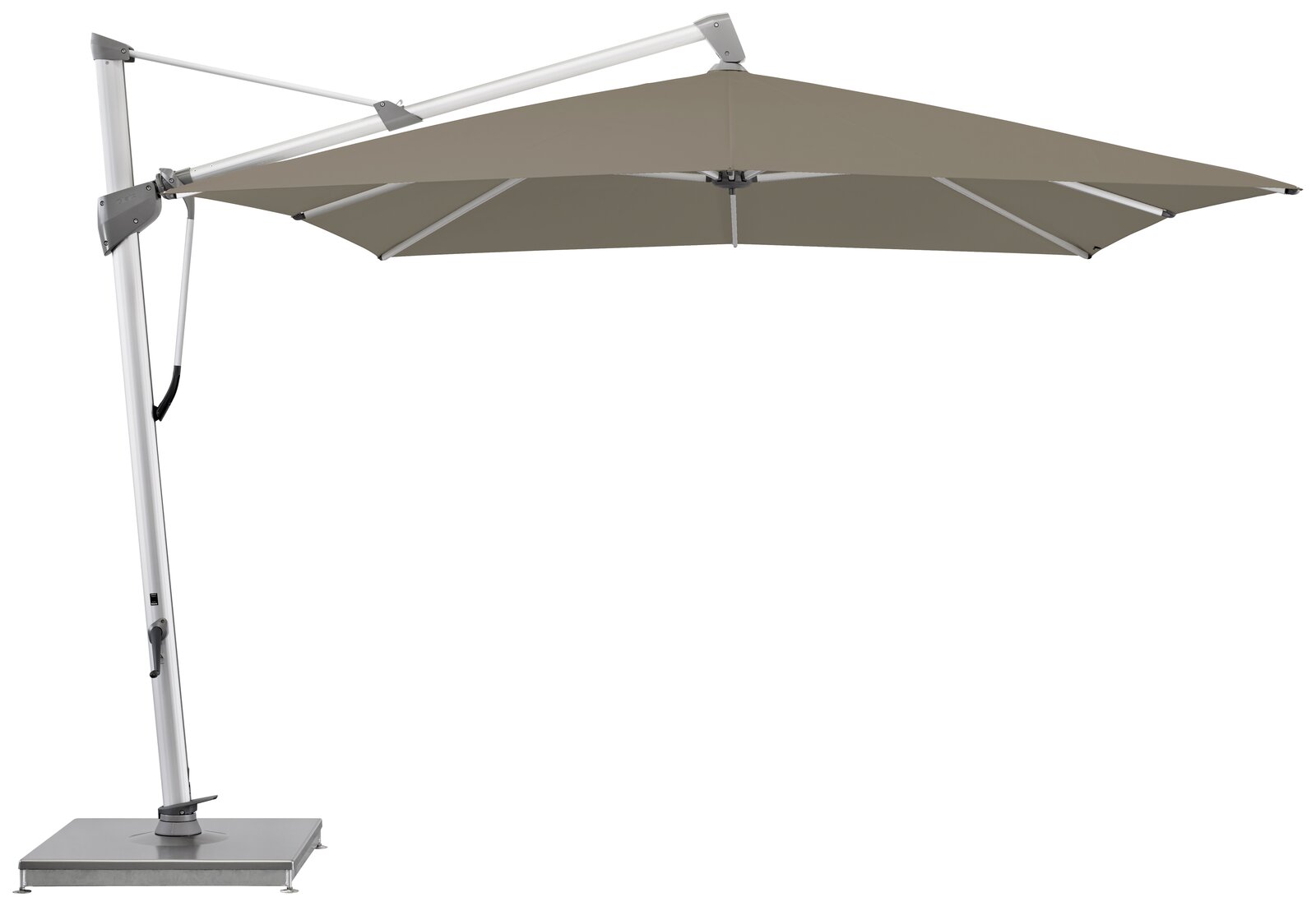 Großer Ampelschirm in seitlicher Perspektive mit stabilem Standfuß und verstellbarem Arm, ideal für den Garten oder die Terrasse.