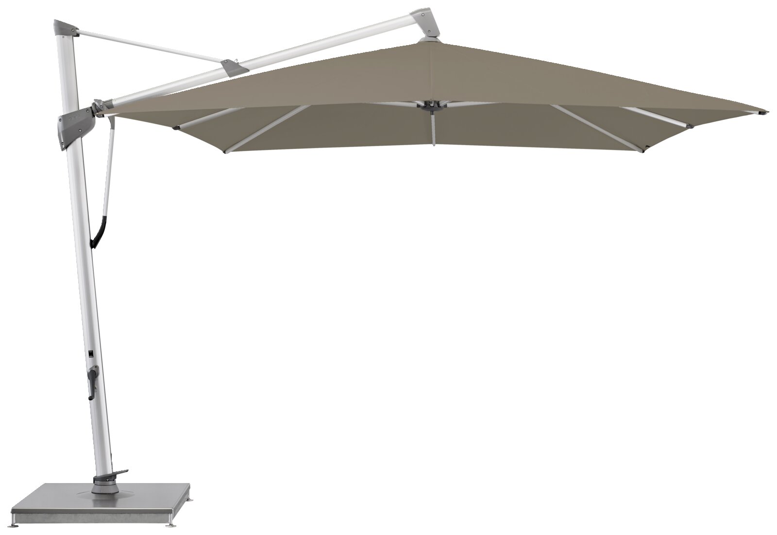 Großer Ampelschirm in seitlicher Perspektive mit stabilem Standfuß und verstellbarem Arm, ideal für den Garten oder die Terrasse.