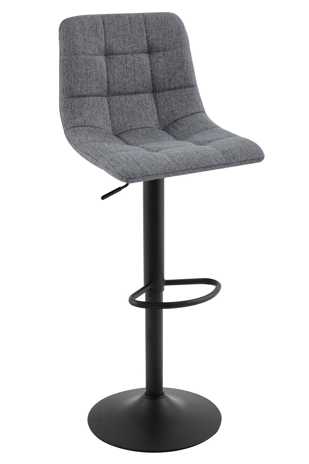 Grauer Barhocker mit gepolsterter Sitzfläche und Rückenlehne, schwarzem Metallgestell und Fußstütze, seitliche Perspektive