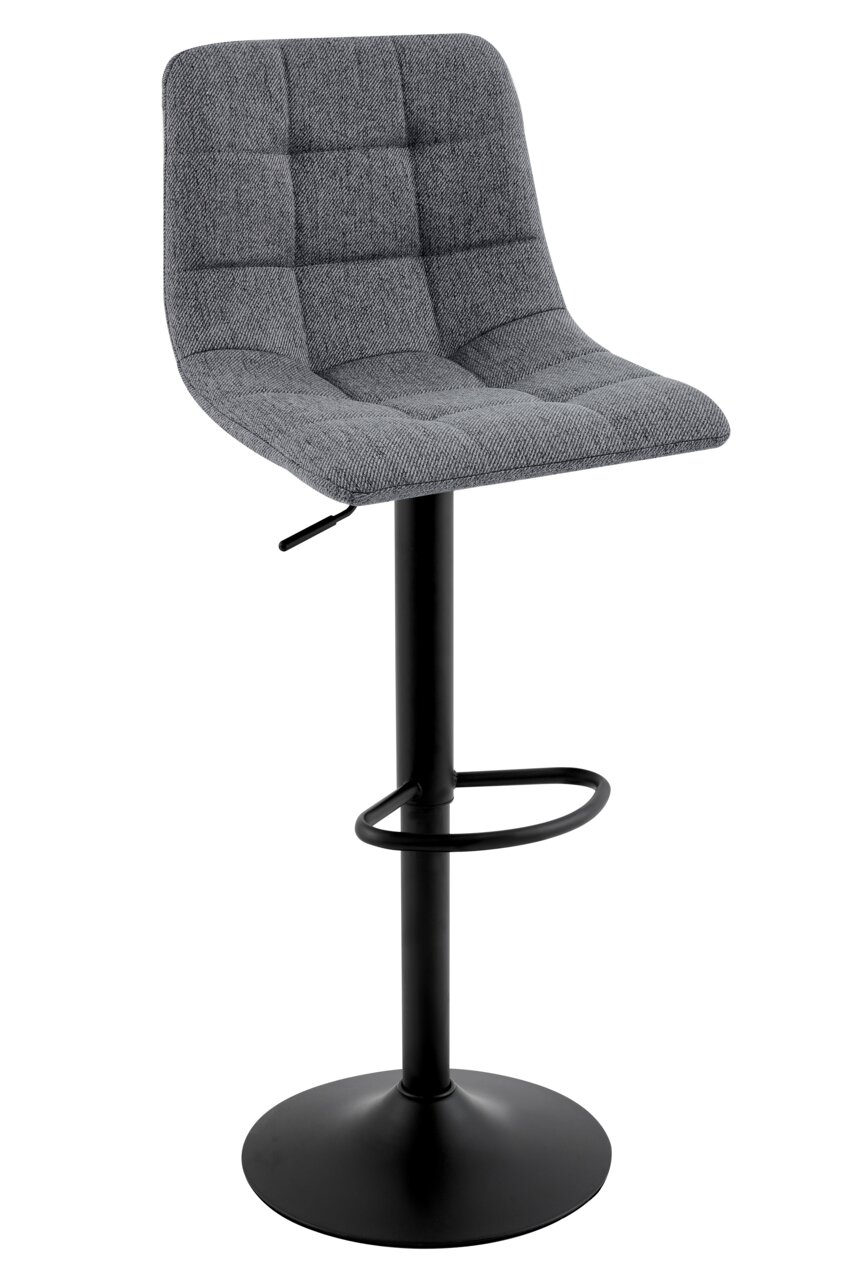 Grauer Barhocker mit gepolsterter Sitzfläche und Rückenlehne, schwarzem Metallgestell und Fußstütze, seitliche Perspektive