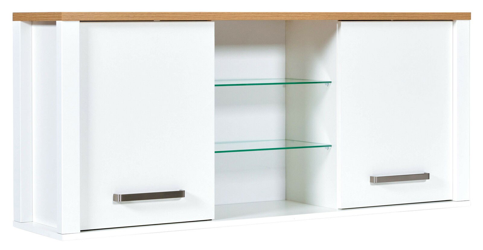 Moderner Hängeschrank mit zwei weißen Türen und Glasregalen, Frontansicht
